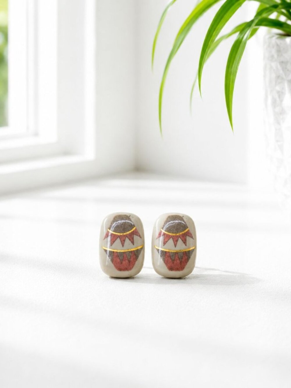 Vintage Ceramic Clip-On Earrings With Geometric Gold & Red Accents - Rectangular